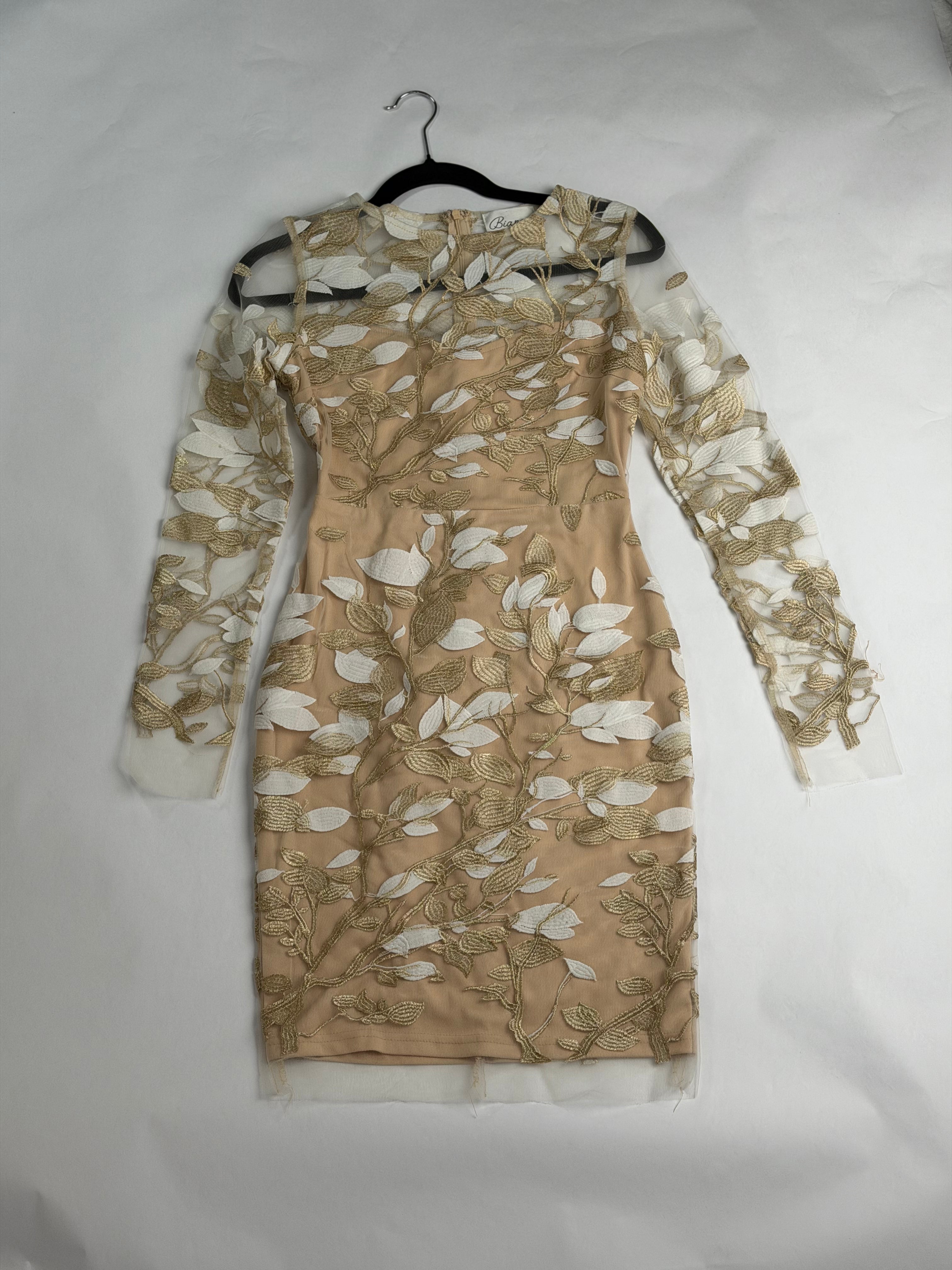 Bianca Nude + Gold + Ivory embroidered illusion mini cocktail dress