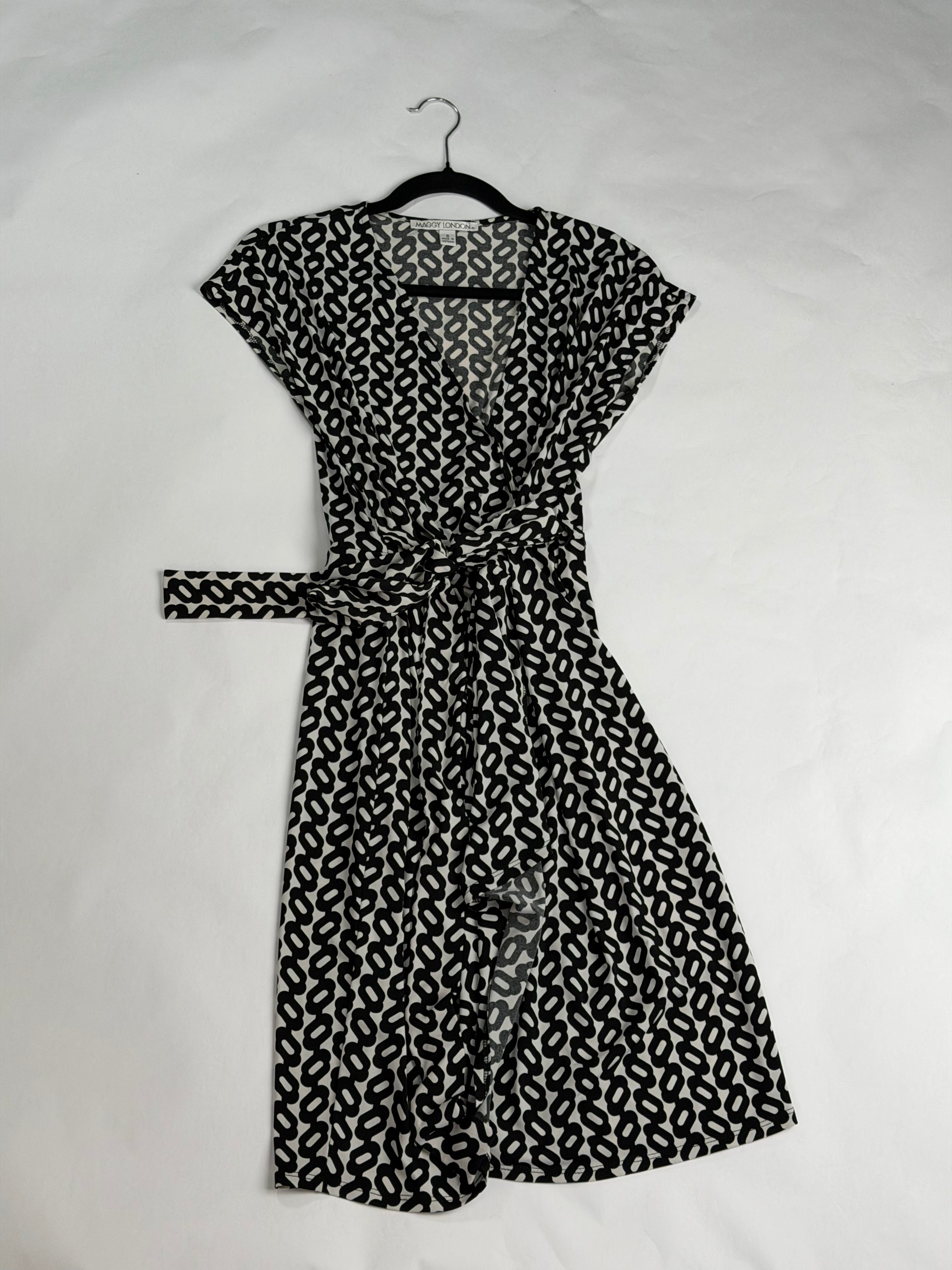 Maggy London Black + Cream chain-print midi wrap dress