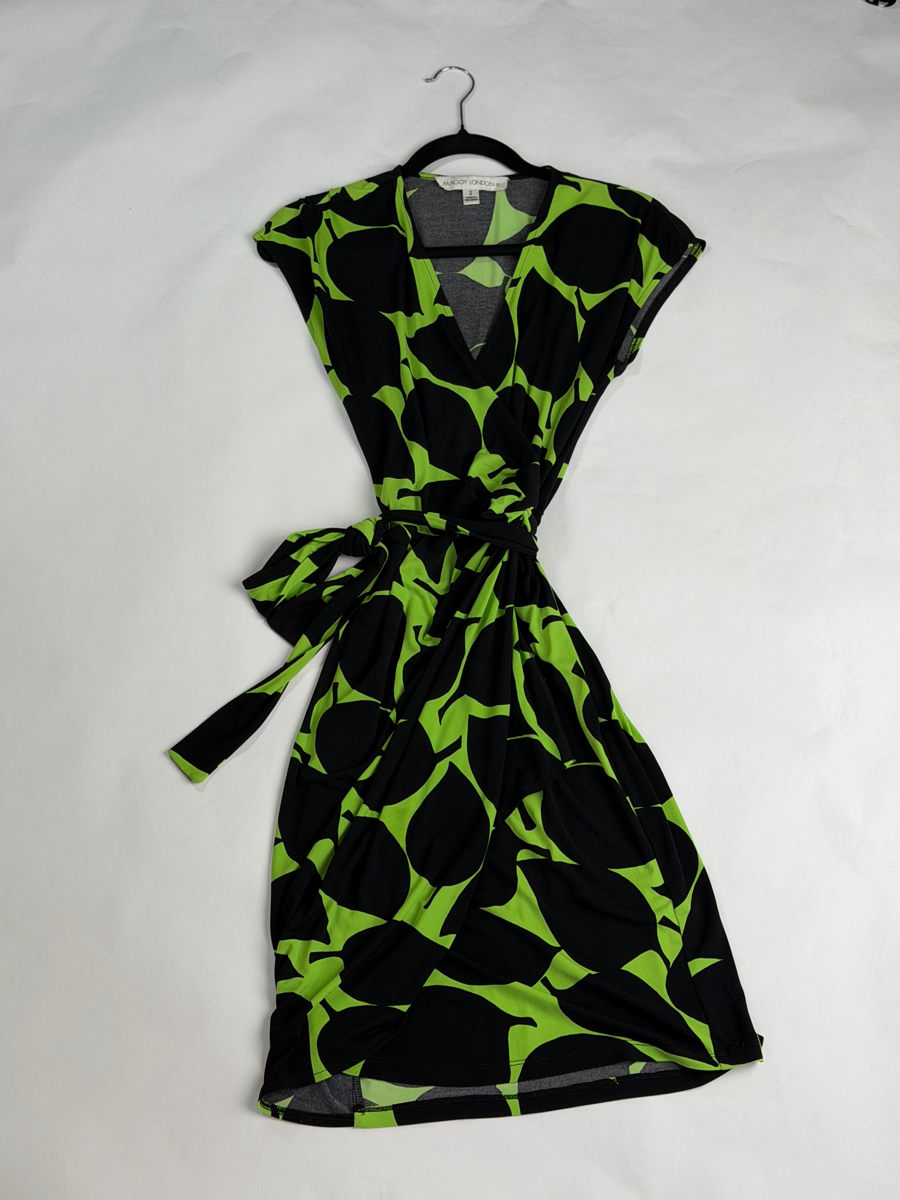 Maggy London Black + Lime abstract leaf jersey wrap dress