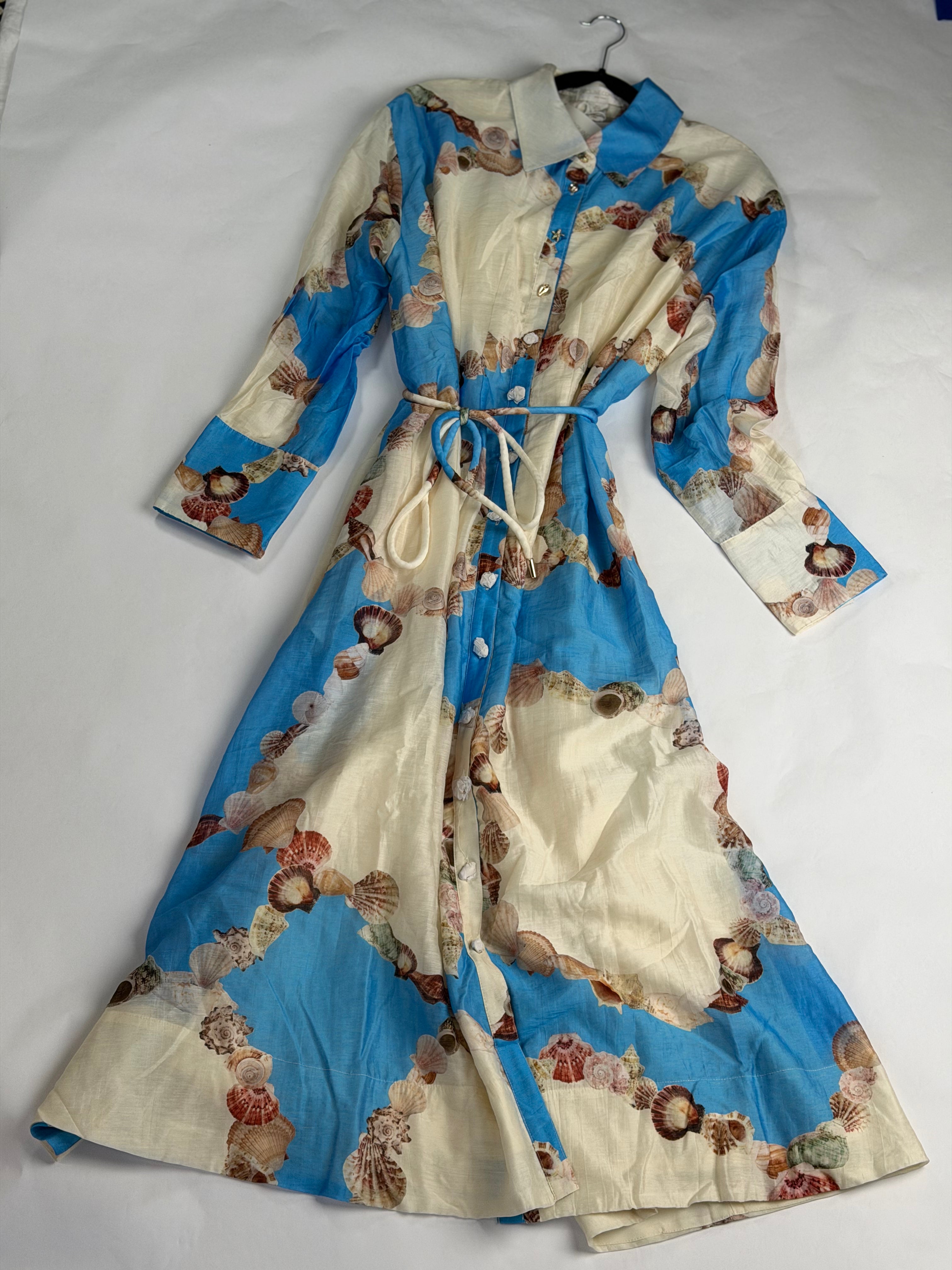 Caroline Constas Cream + Blue + Neutral shell-print maxi shirtdress