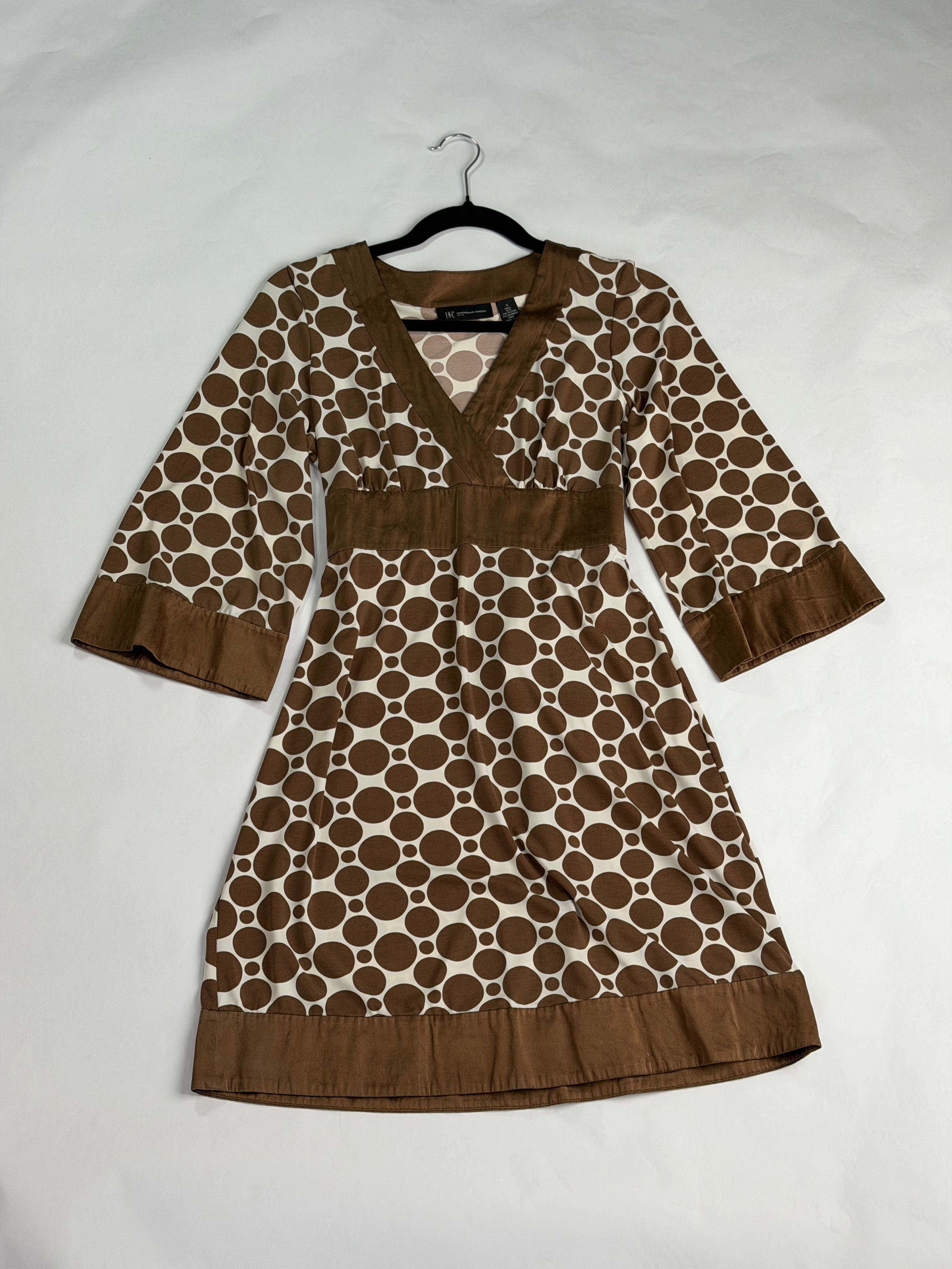 INC International Concepts Brown + Cream Dot Print empire-waist mini dress