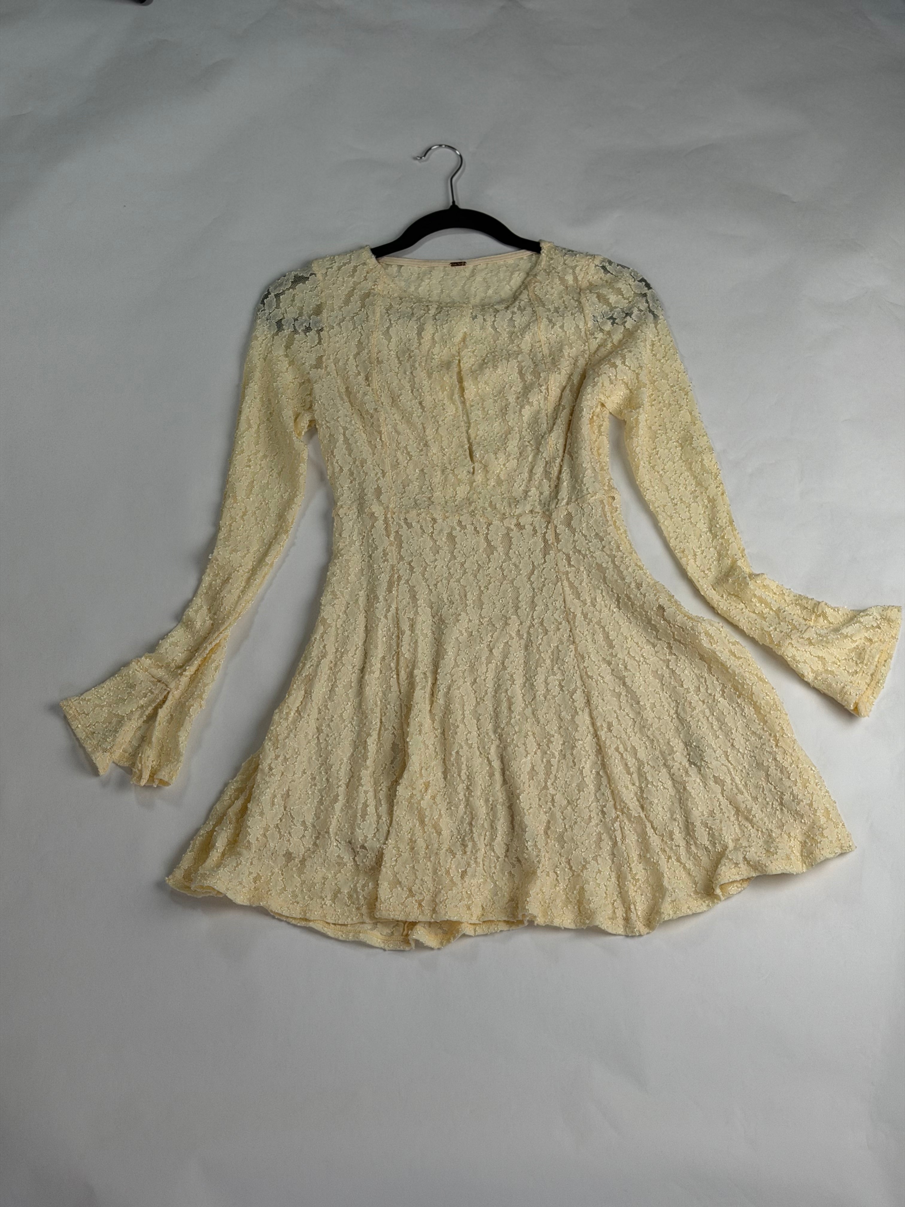 Free People Butter Yellow shayla bell-sleeve lace mini dress
