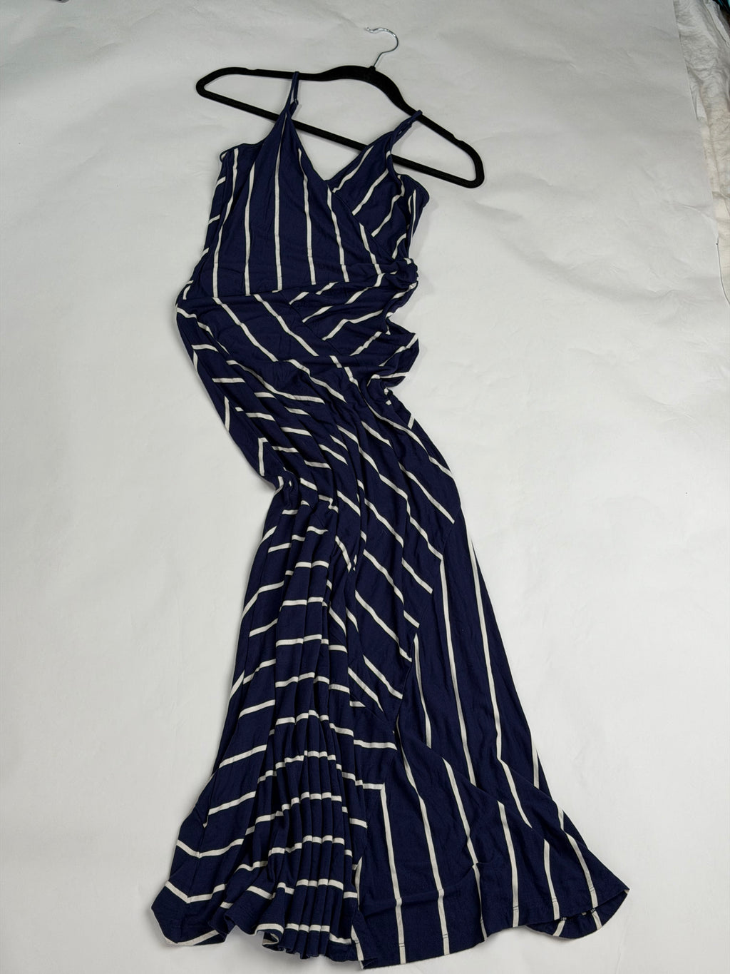 Calvin Klein Navy + White striped maxi wrap dress