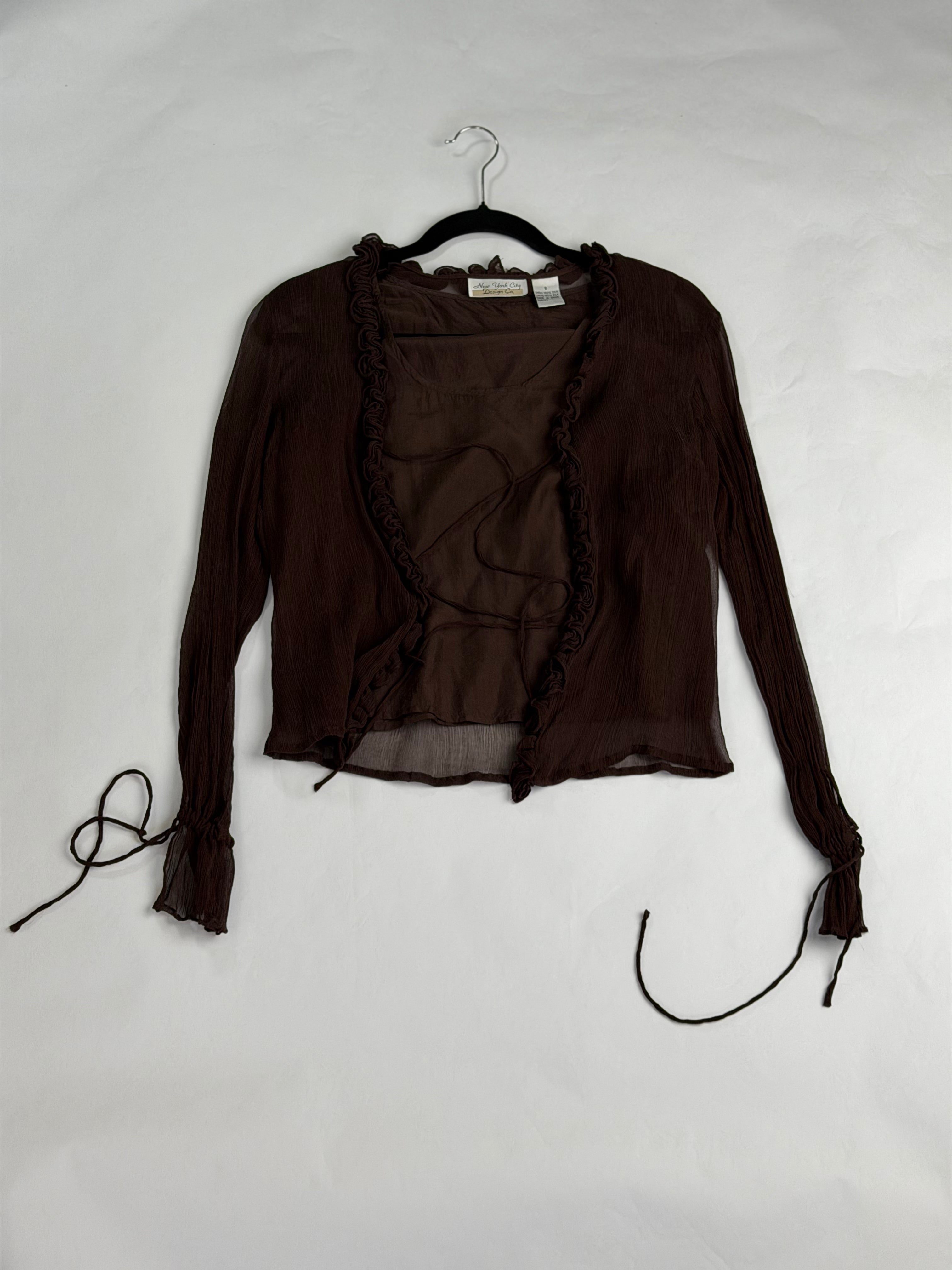 New York City Design Co. Chocolate Brown crinkle chiffon tie blouse