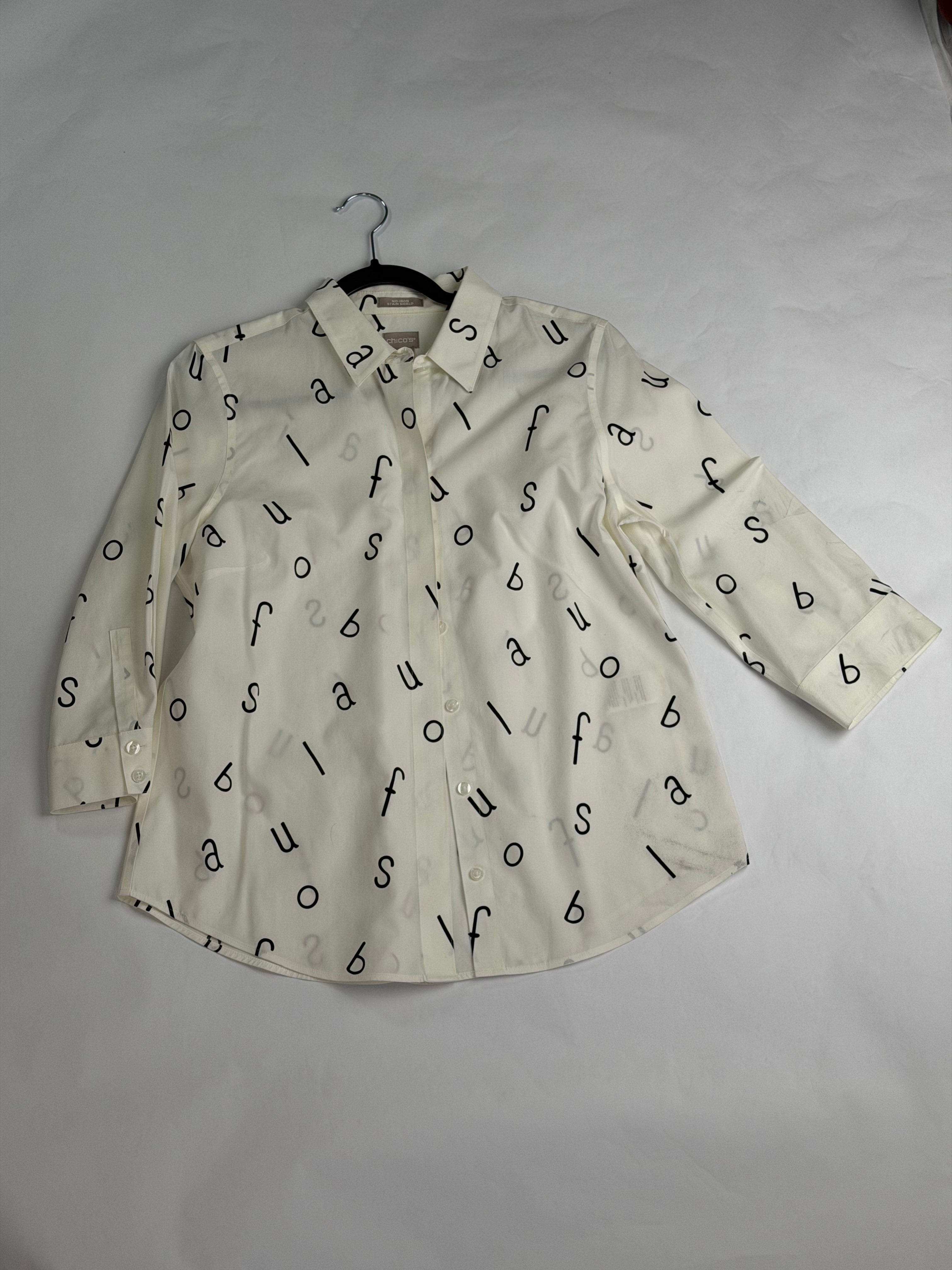 Chico's Cream + Black alphabet print button-up shirt