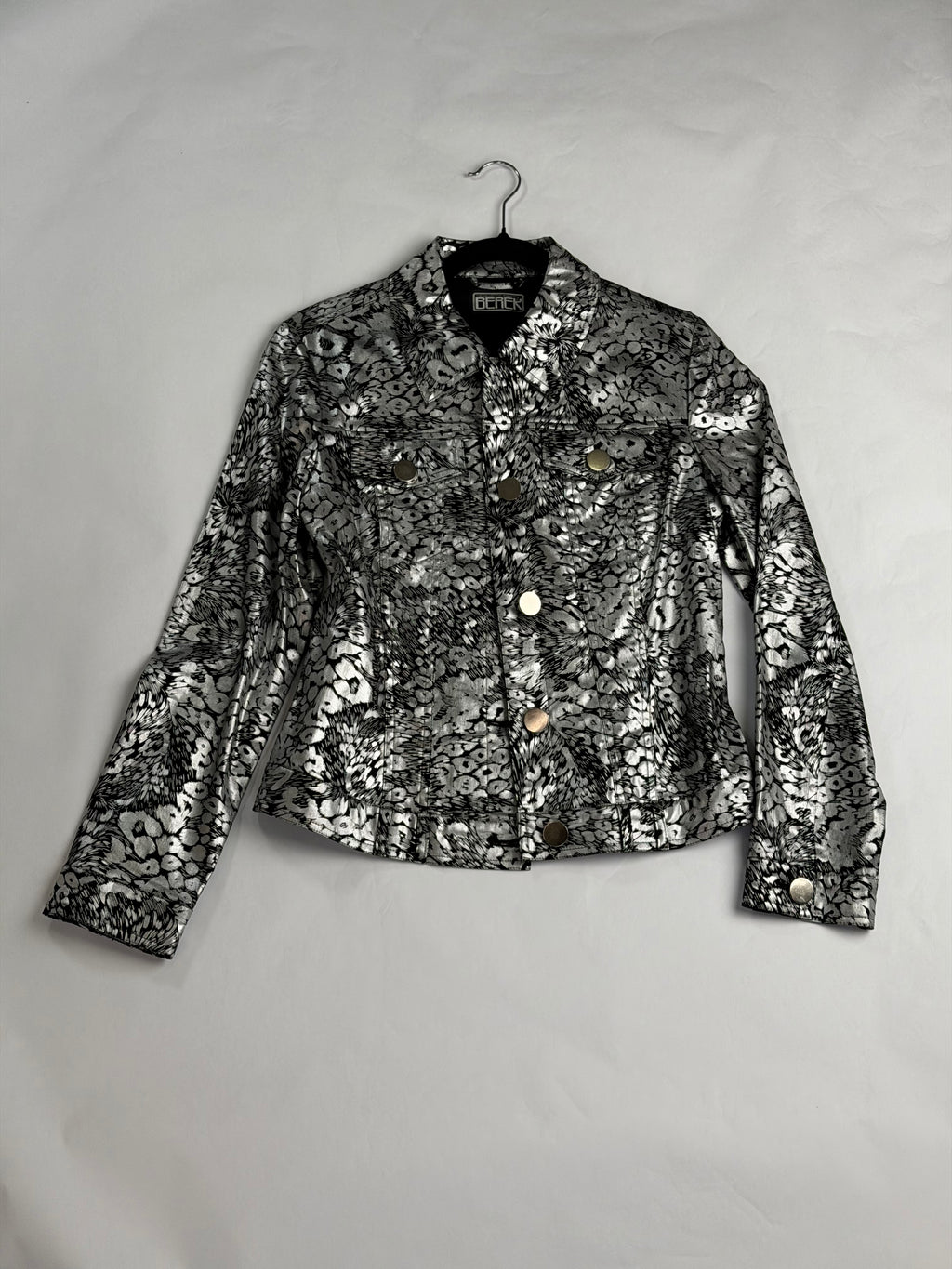 Berek Silver + Black foiled animal print denim jacket