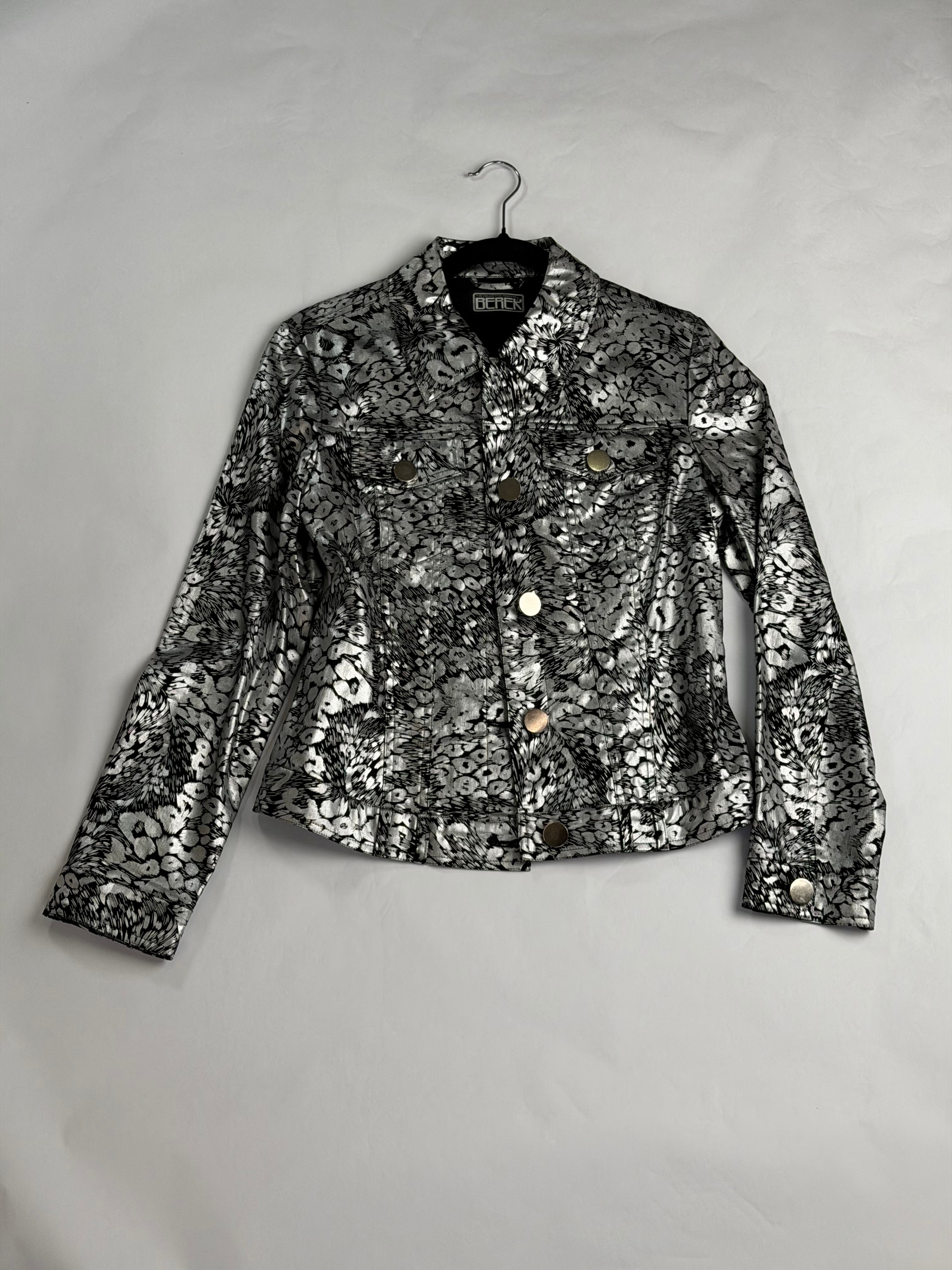 Berek Silver + Black foiled animal print denim jacket